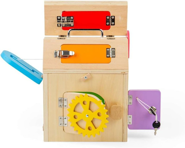 Domek manipulacyjny z zamkami i kółkami zębatymi Bigjigs 37004 Drewniane zabawki dla dzieci