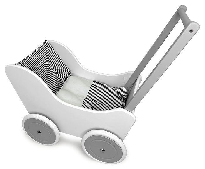 Biało-szary wózek z drewna dla lalki do zabawy dla dziewczynek