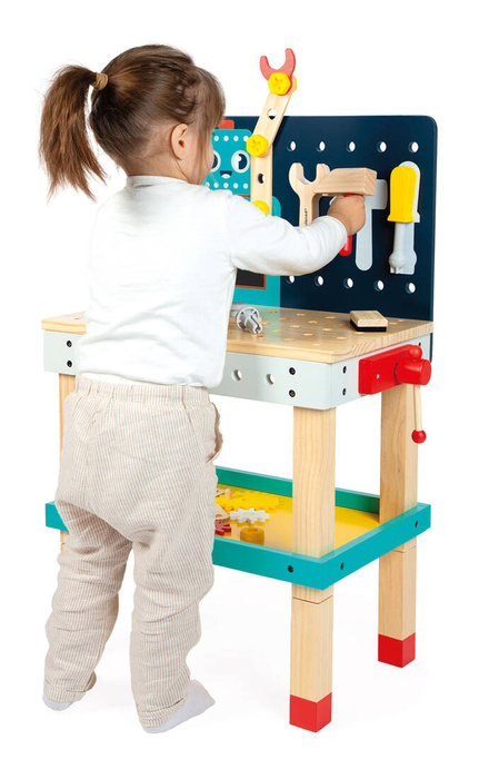 Duży stolik z narzędziami 60 el warsztat drewniany magnetyczny Robot Brico Kids Janod J06457