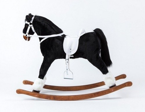 Czarny koń dla dzieci z jasnym siodłem, koń na biegunach