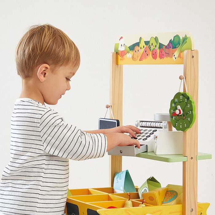 Duży sklep warzywniak z drewna i komplet akcesoriów 50 el. Farma J03322 Janod