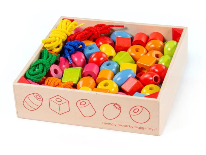 Duże korale do nawlekania 95 elementów w praktycznej skrzyneczce Bigjigs Toys BJ662 zabawki drewniane