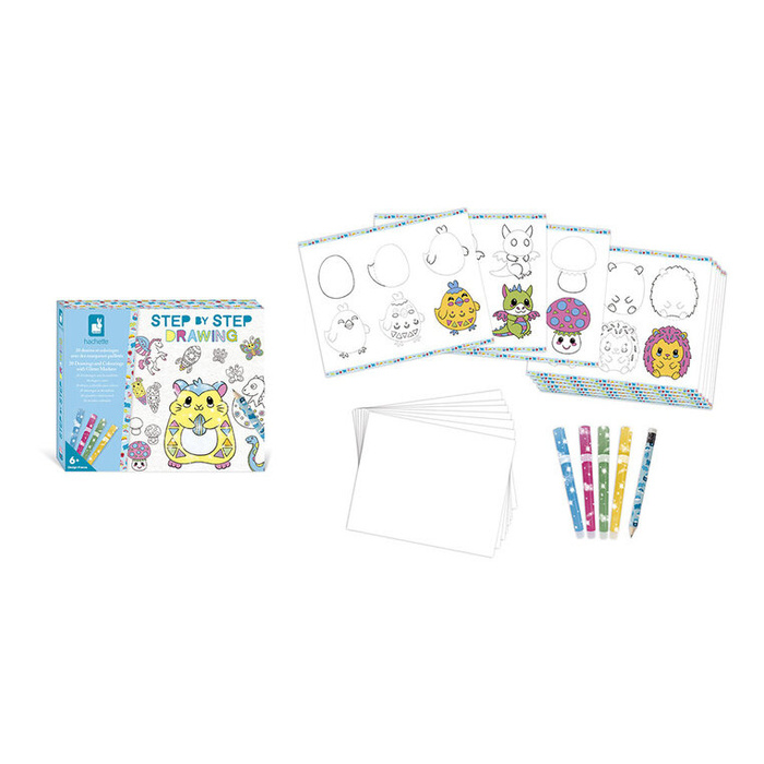 Zestaw kreatywny Rysowanie krok po kroku z brokatowymi markerami 20 rysunków i kolorowanek Janod J09157
