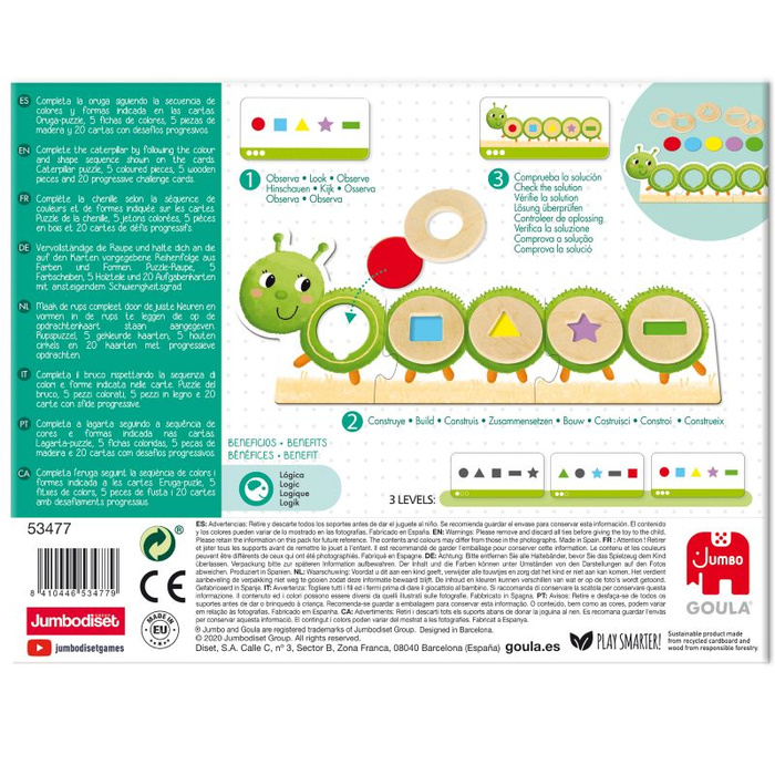 Układanka łamigłówka dla maluszka Kształty i kolory Gąsieniczka Oli Goula 53477 Drewniane zabawki dla dzieci