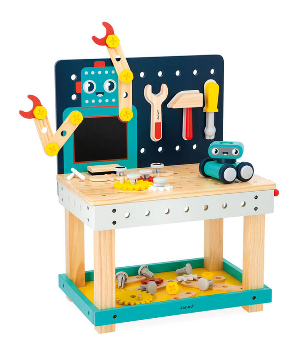 Duży stolik z narzędziami 60 el warsztat drewniany magnetyczny Robot Brico Kids Janod J06457