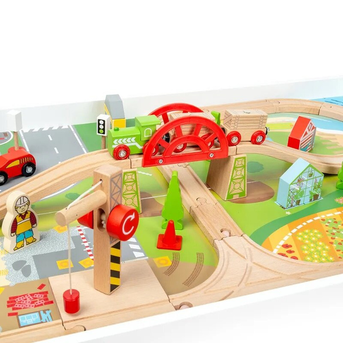 Drewniana kolejka dla dzieci w zestawie na drewnianym stole Bigjigs Rail BJT550