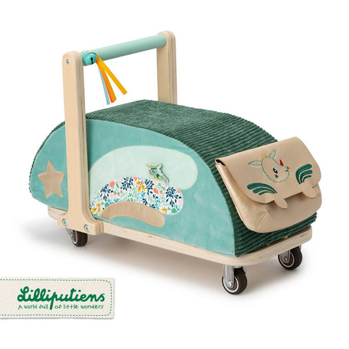 Drewniany jeździk 2 w 1 z miękkim siedziskiem i torebką Smok Joe 12 m+ 83466 LILLIPUTIENS