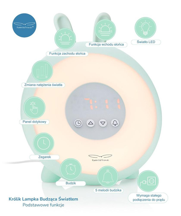 Lampka budząca światłem 3w1 zielony Królik Rabbit & Friends AC-W Lampki nocne dla dzieci