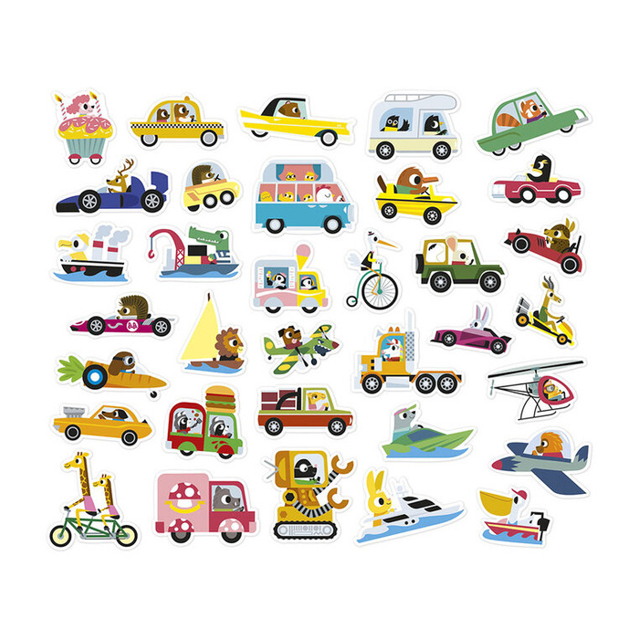 Naklejki wielorazowe na arkuszach 200 szt. Pojazdy Janod J09196