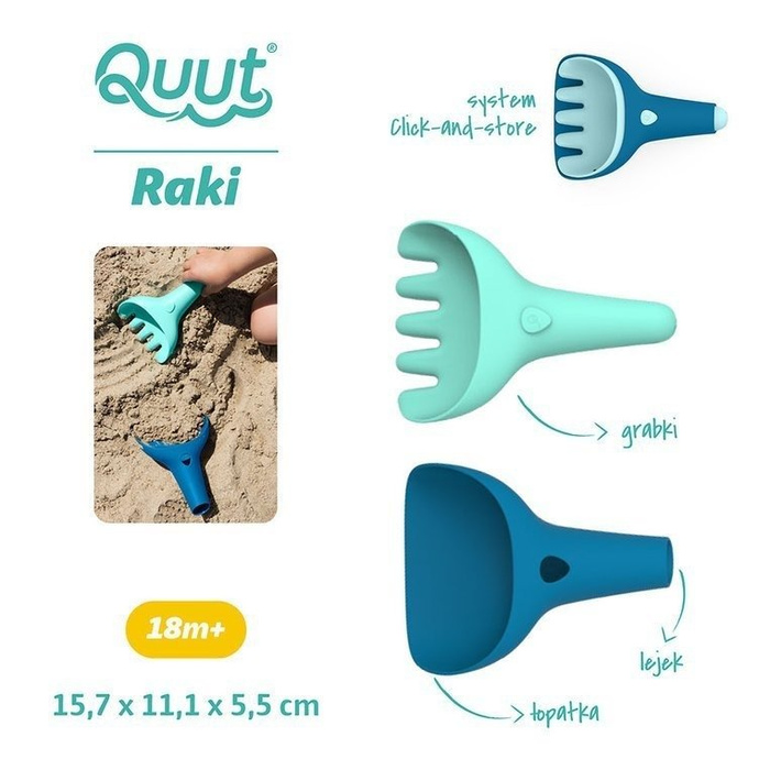 Komplet zabawek do piasku łopatka + grabki Raki Dark Blue + Vintage Blue Quut