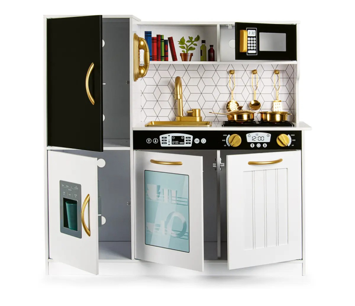 Kuchnia drewniana dla dzieci z kostkarką do lodu tablicą kredową telefonem z dźwiękiem i światłem