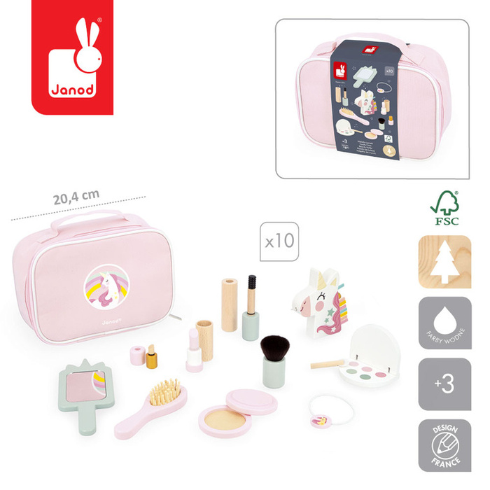 Kosmetyczka dla dzieci z 10 akcesoriami Mała Miss Jednorożec Janod J06465