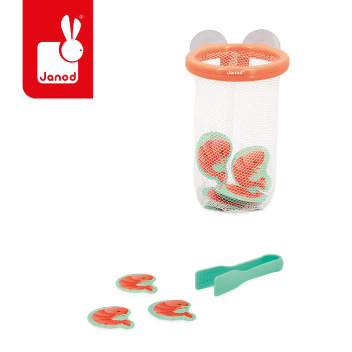 Łapacz krewetek do kąpieli kosz z przyssawkami i 12 krewetkami Janod J04730