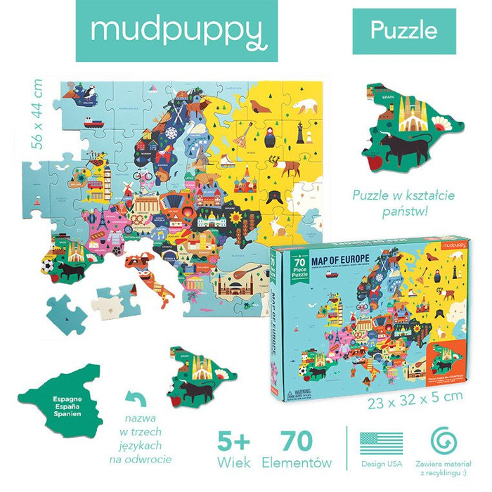Tekturowe puzzle Mapa Europy z elementami w kształcie państw 70 el MP51943-Mudpuppy, puzzle dla dzieci