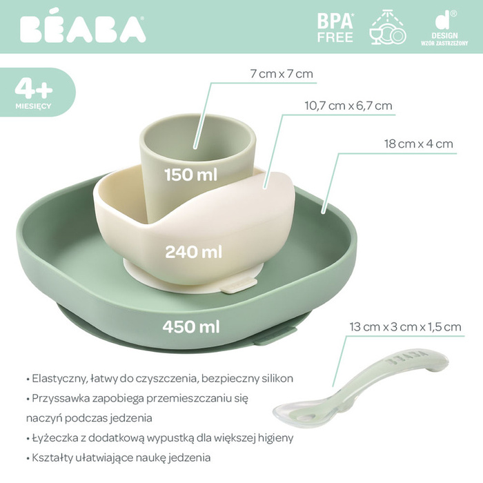 Silikonowe naczynia dla dzieci Zestaw z przyssawką Sage Green Beaba 913592
