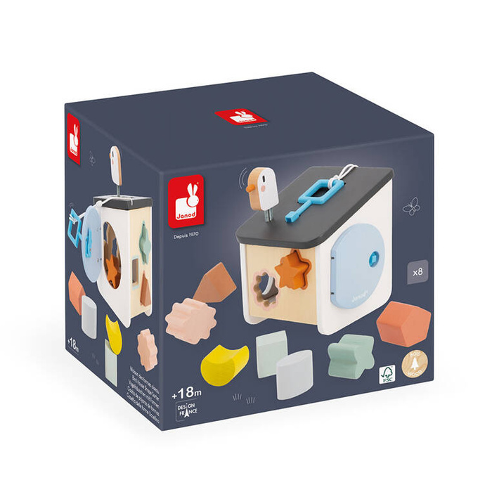 Drewniany sorter z 8 klockami Domek dla ptaszków Sweet Cocoon 18 m +, Janod