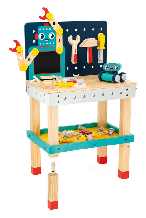 Duży stolik z narzędziami 60 el warsztat drewniany magnetyczny Robot Brico Kids Janod J06457