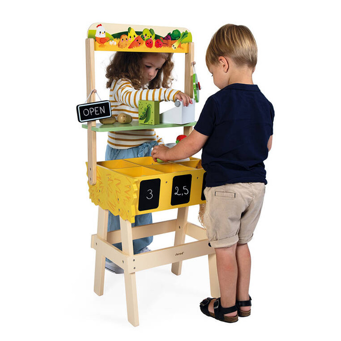 Duży sklep warzywniak z drewna i komplet akcesoriów 50 el. Farma J03322 Janod