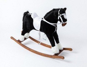 Czarny koń dla dzieci z jasnym siodłem, koń na biegunach