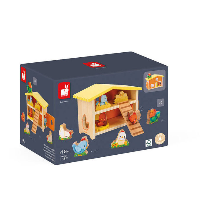Drewniany domek z sorterem Farma Mój pierwszy kurnik J03311 Janod