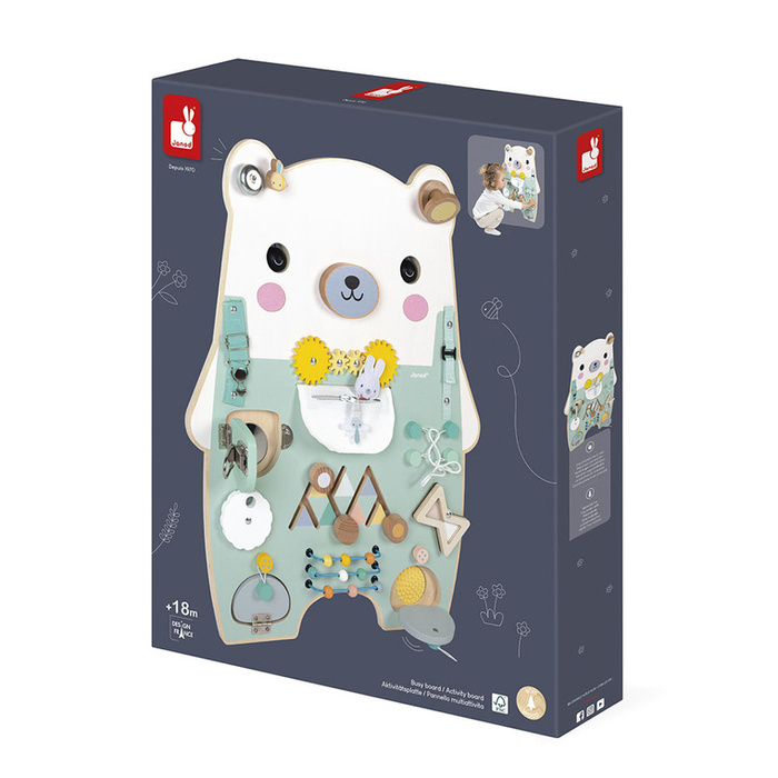 Duża drewniana tablica manipulacyjna 20 aktywności Miś Pure Janod J05162