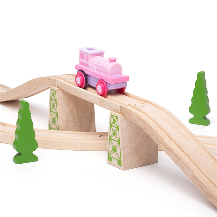 Różowa lokomotywa z napędem Powerful Pink Loco BJT310-Bigjigs Rail, kolejki z napędem