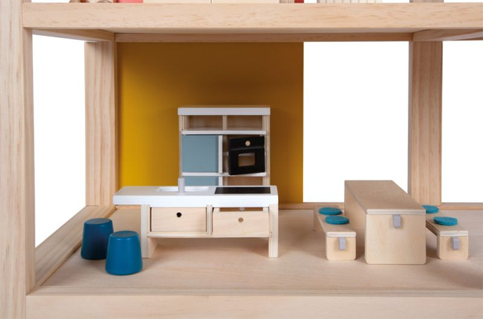 Duży drewniany domek dla lalek w stylu skandynawskim z 3 piętrami i tarasem z mebelkami Natura Small Foot 12541 Domki dla lalek