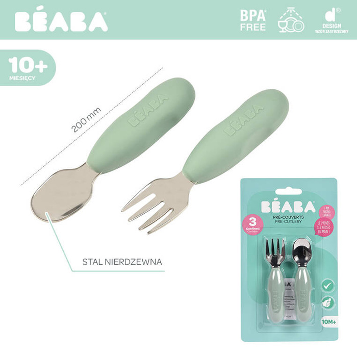 Zestaw pierwszych sztućców ze stali nierdzewnej Sage green Beaba 913580