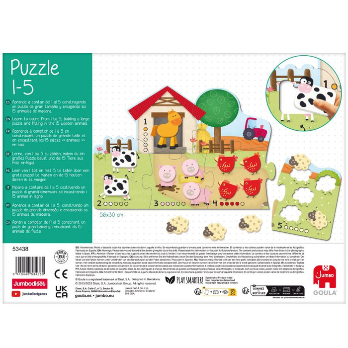 Duże drewniane puzzle dla dzieci Farma i cyferki 1-5 Goula 53438 Nauka przez zabawę