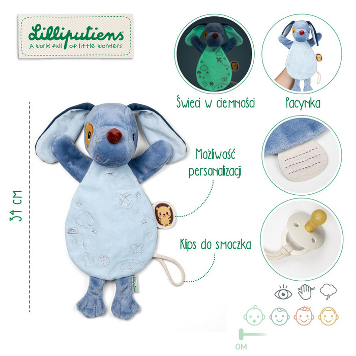 Pacynka świecąca w ciemności Lilliputiens 83614 Przytulanka Piesek Jules Komforter dla niemowląt