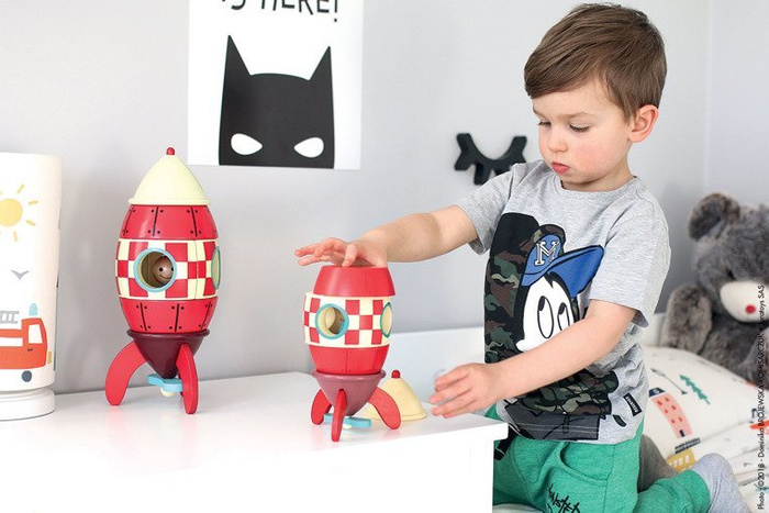 Drewniana, mała, magnetyczna rakieta, "Czerwona strzała", JND05207-Janod, zabawki dla chłopców