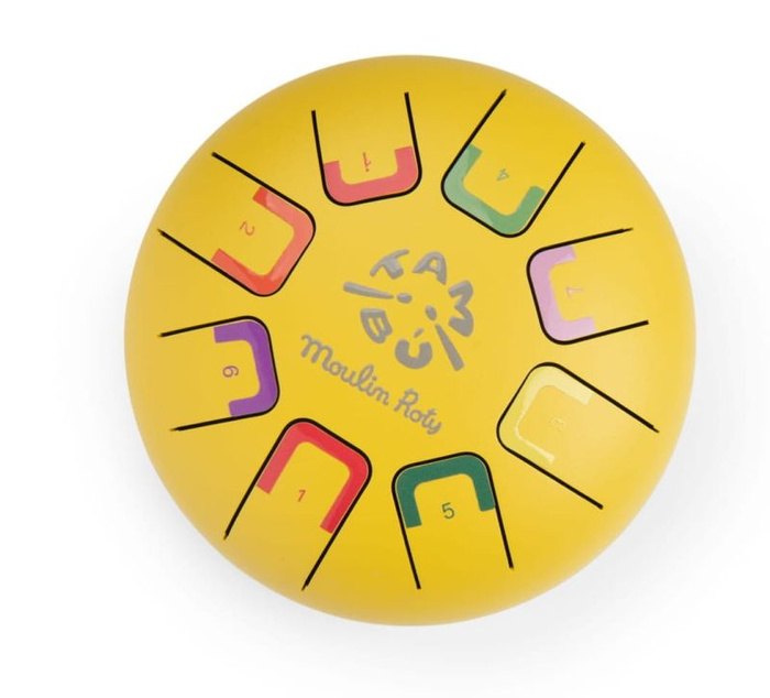Bębenek językowy żółty Les Popipop Moulin Roty 661109 instrumenty dla dzieci