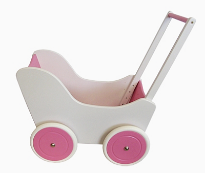 Biało-różowy wózek z drewna dla lalki - zabawki dla dziewczynek