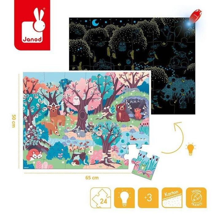 Świecące puzzle z mini-lampką UV Las 24 elementy 3+ Janod J02653