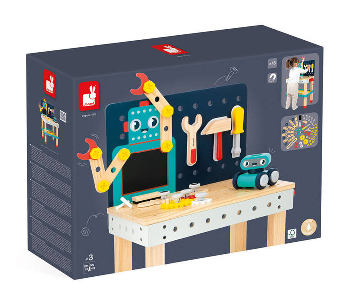 Duży stolik z narzędziami 60 el warsztat drewniany magnetyczny Robot Brico Kids Janod J06457