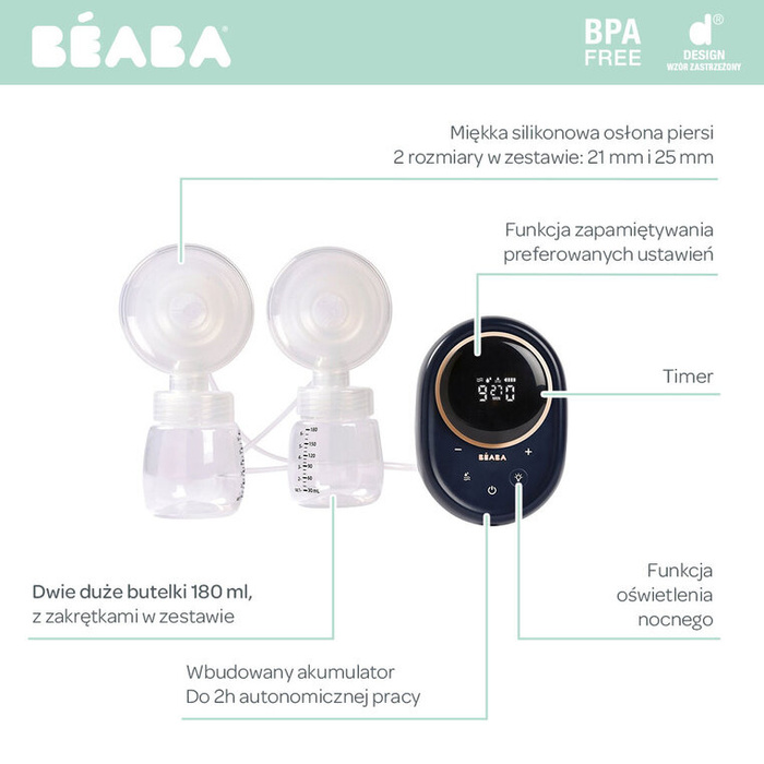 Laktator elektryczny podwójny 2x180 ml Night Blue Beaba 911736