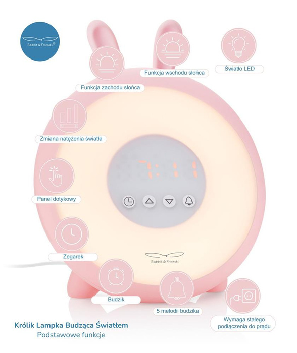 Lampka budząca światłem 3w1 różowy Królik Rabbit & Friends AC-W Lampki nocne dla dzieci