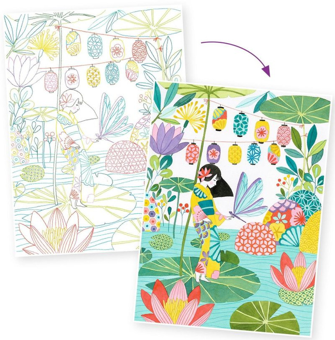 Obrazy do kolorowania w teczce Japonia Djeco DJ08694 komplet 3 dużych obrazów