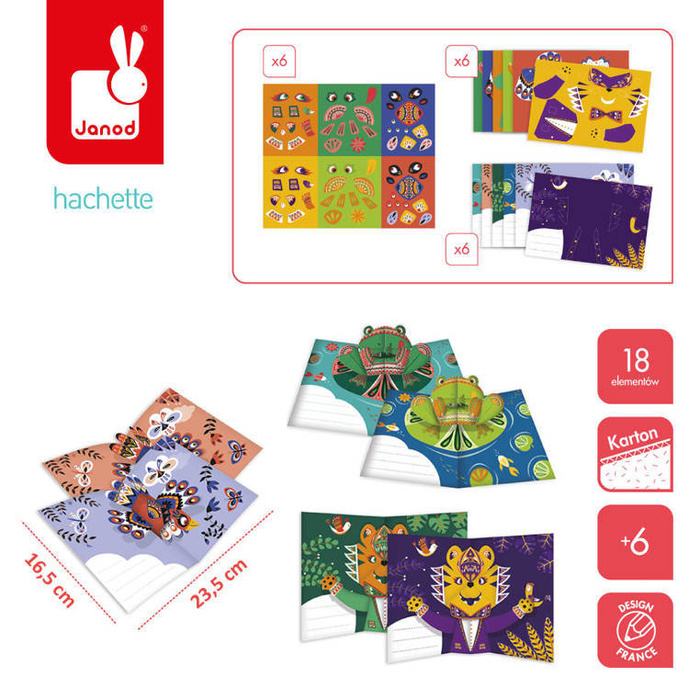 Zestaw kreatywny Przestrzenne kartki pop-up 3D Zwierzęta 6+ J07987-Janod, zestaw artystyczny