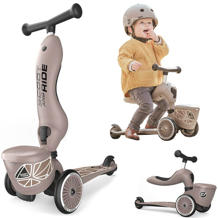 Zestaw SCOOTANDRIDE Kask + Highwaykick1 2w1 jeździk i hulajnoga z zamykanym schowkiem Brown Lines