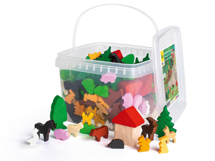 Drewniane figurki zwierząt drzew domów 200 elementów Erzi 41370 zestaw