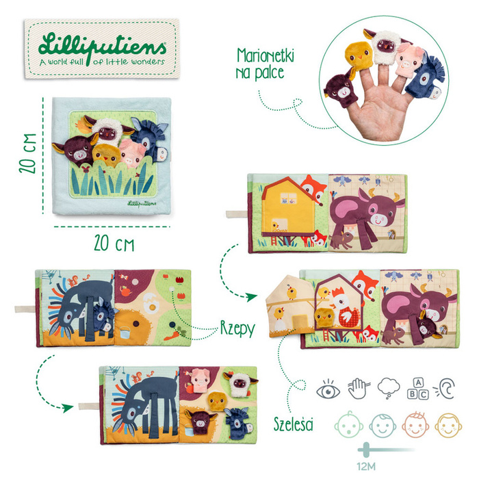 Książeczka aktywizująca Młode zwierzątka Lilliputiens 83856 z mini-pacynkami Farma dla niemowląt