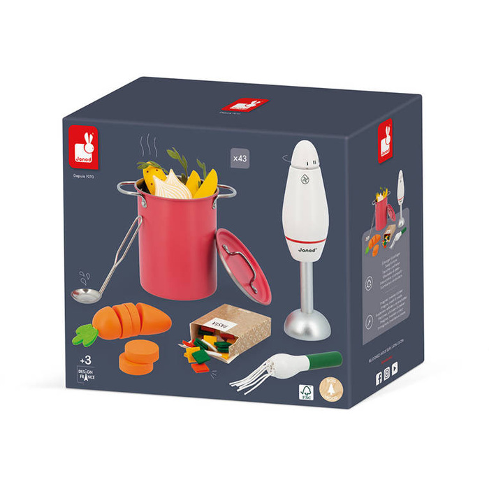 Zestaw do gotowania zupy z drewnianym blenderem i akcesoriami Janod J06634