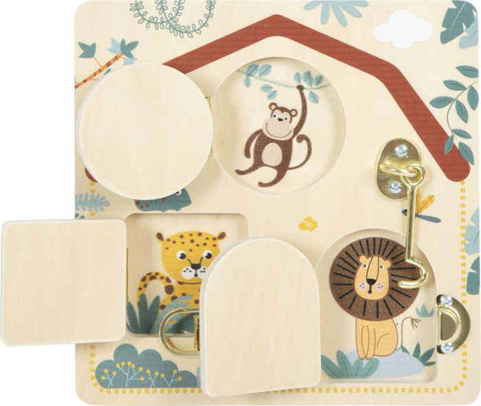Drewniana tablica edukacyjna zatrzaski i zamki Safari Small Foot 12460