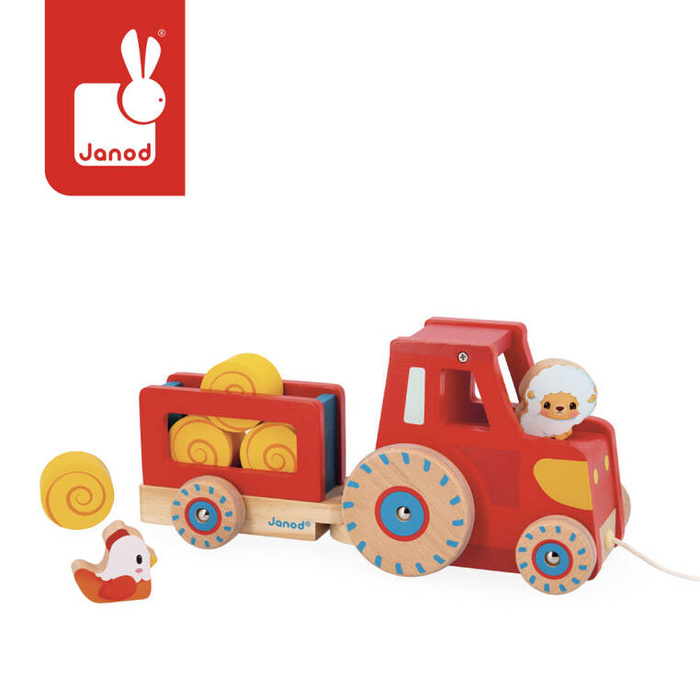 Drewniany traktor do ciągnięcia z przyczepą i załadunkiem Farma J03317 Janod