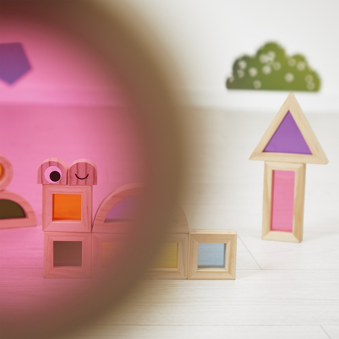 Klocki drewniane przeźroczyste kolorowe sensoryczne Janod J05306