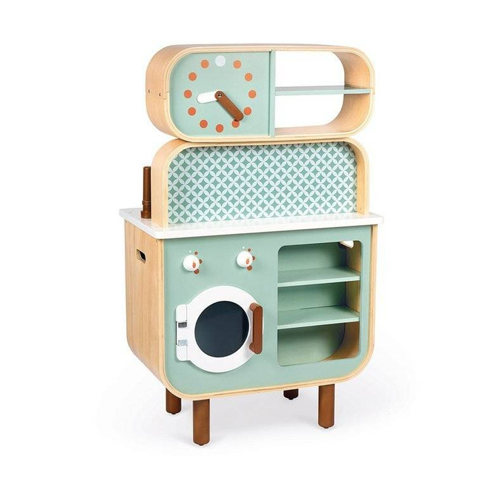 Dwustronna drewniana kuchnia z pralką 2w1 z dźwiękiem światłem LED i 8 akcesoriami Janod J06594