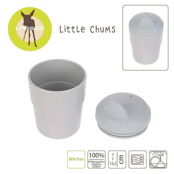 Szary kubek z dziubkiem i silikonową pokrywką Little Chums Kot 1310061108-Lassig, kubki dla dzieci