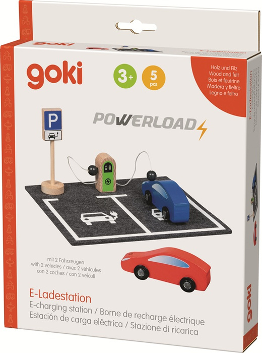 Stacja ładowania PowerLoad z 2 pojazdami i znakiem Goki 55842 drewniana Zabawka edukacyjna