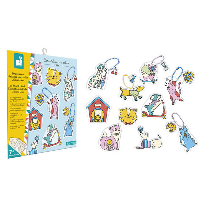 Zestaw kreatywny do tworzenia 10 ozdób z termokurczliwego plastiku Koty i psy Janod J09163